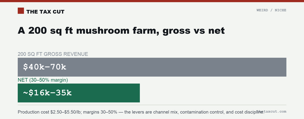A 200 sq ft mushroom farm grosses $40,000–$70,000, netting roughly $16,000–$35,000 at 30–50% margins.