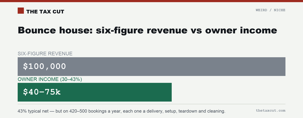A six-figure bounce house operation ($100,000 revenue) pays the owner $40,000–$75,000 at a 30–43% net margin.